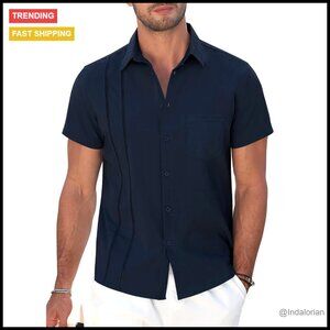 Men's Short Sleeve Cuban Guayabera Shirt Casual Button Down Retro Beach